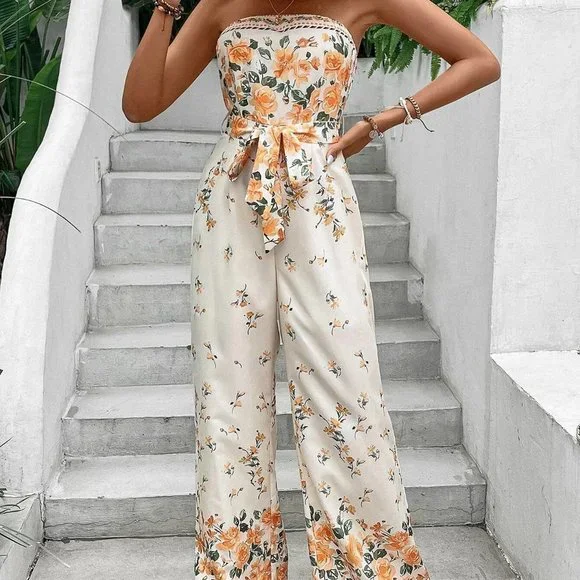 Floral Print Belted Tube Jumpsuit - Picture 4 of 5